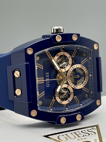 Neu Guess 43mm Phoenix Blue Tonneau Case Dial R Gold Chrono Silicone Strap Watch - Bild 7 von 12