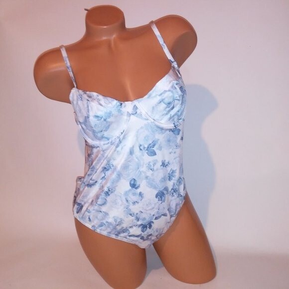 Victoria Secret One Piece Swim XL Blue White Floral Cutout