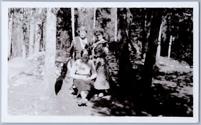 Three Women in Woods, Outdoors w/Swing, 1930-40s BW Snapshot Photo