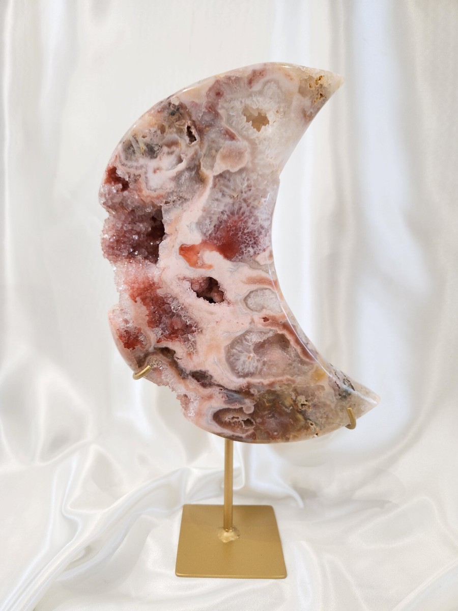XL Rare Pink Amethyst Crescent Moon on Custom Stand Clear