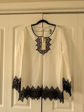Vintage Max Studio M White Blouse with Black Ethnic Elements