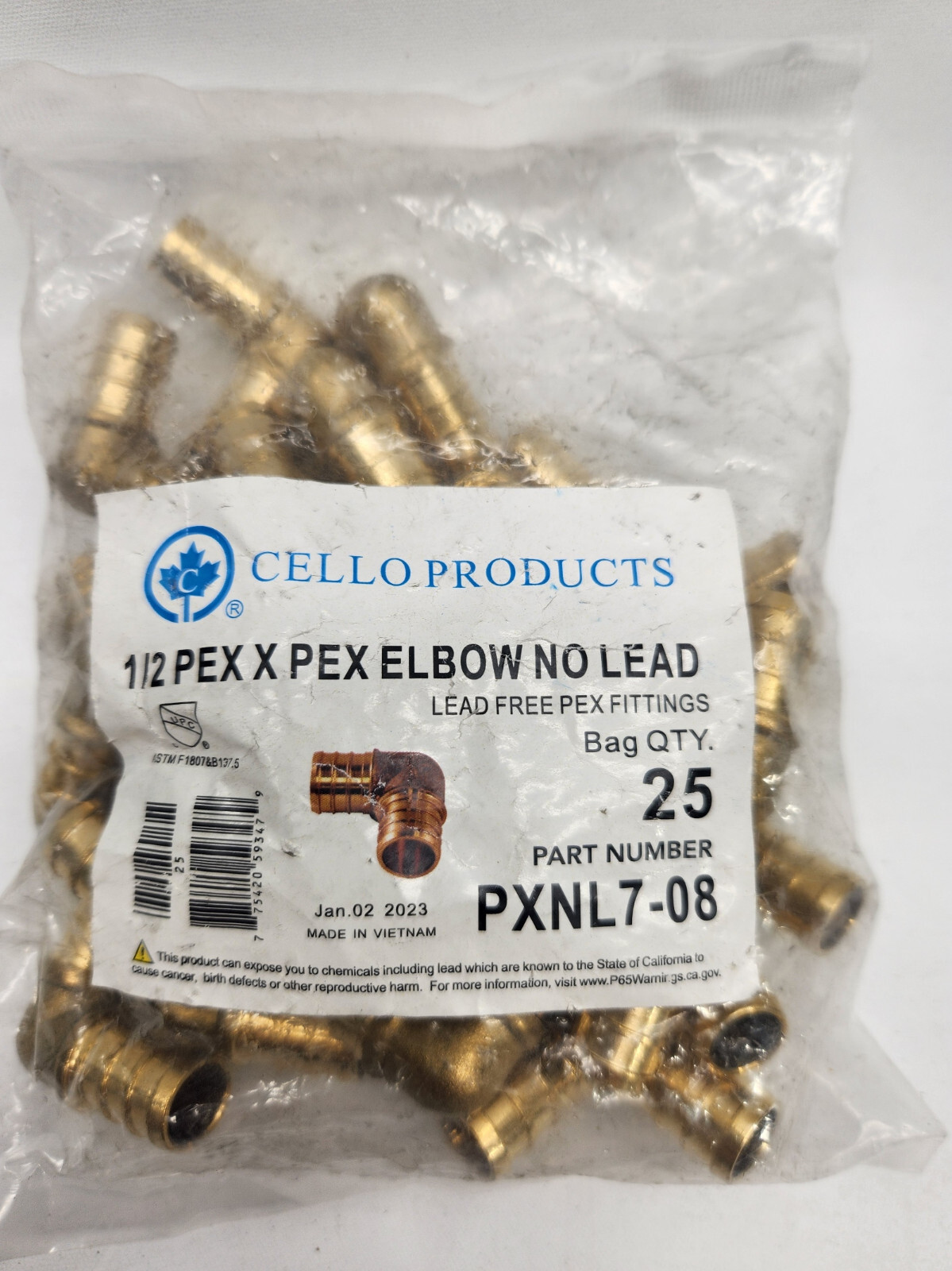 25pack 1/2 Inch 90 Degree Elbow Pex Lead Free Brass cello products PXNL7-08