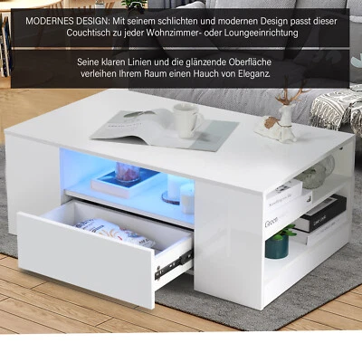 Couchtisch mit Schubladen RGB LED Modernes Wohnzimmer Hochglanz Weiß aus Holz - Bild 1 von 4