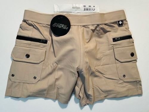Andrew Christian Size XL Ribbed Stretch Cargo Training Shorts - Khaki - Pockets