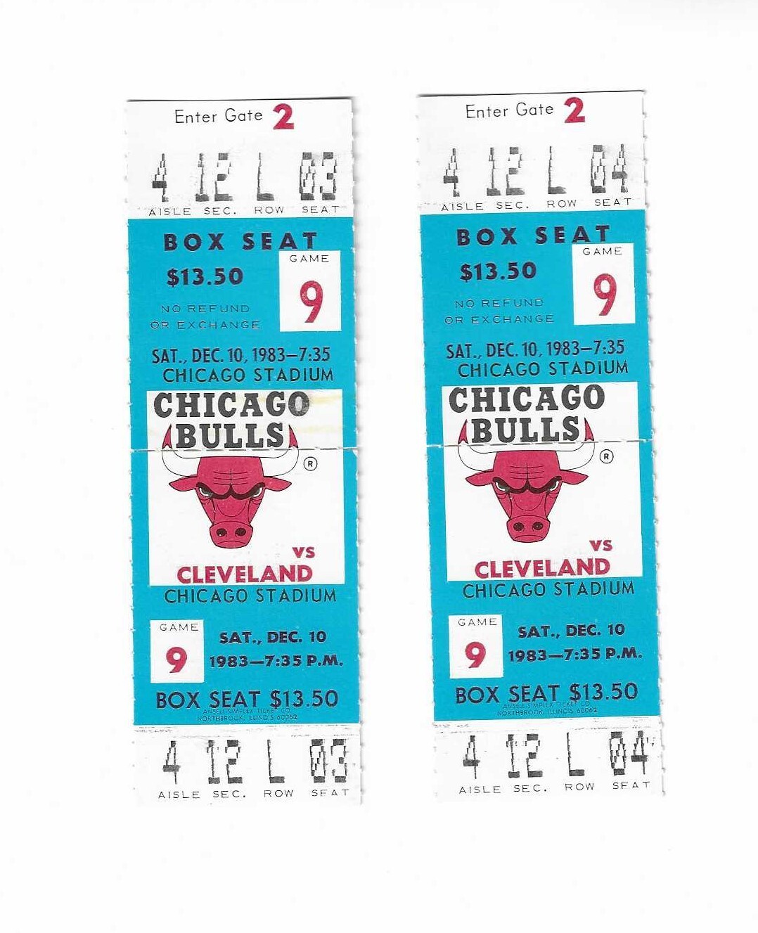 Chicago Bulls vs Cleveland Cavaliers Unused Basketball Tickets From 12/10/1983