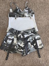 Women  s Black White Gray Camouflage Short Set