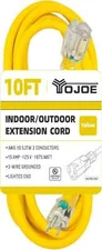 YOJOE 10 Foot 10/3 Lighted Outdoor Extension Cord - 10 Gauge 10 Foot, Yellow