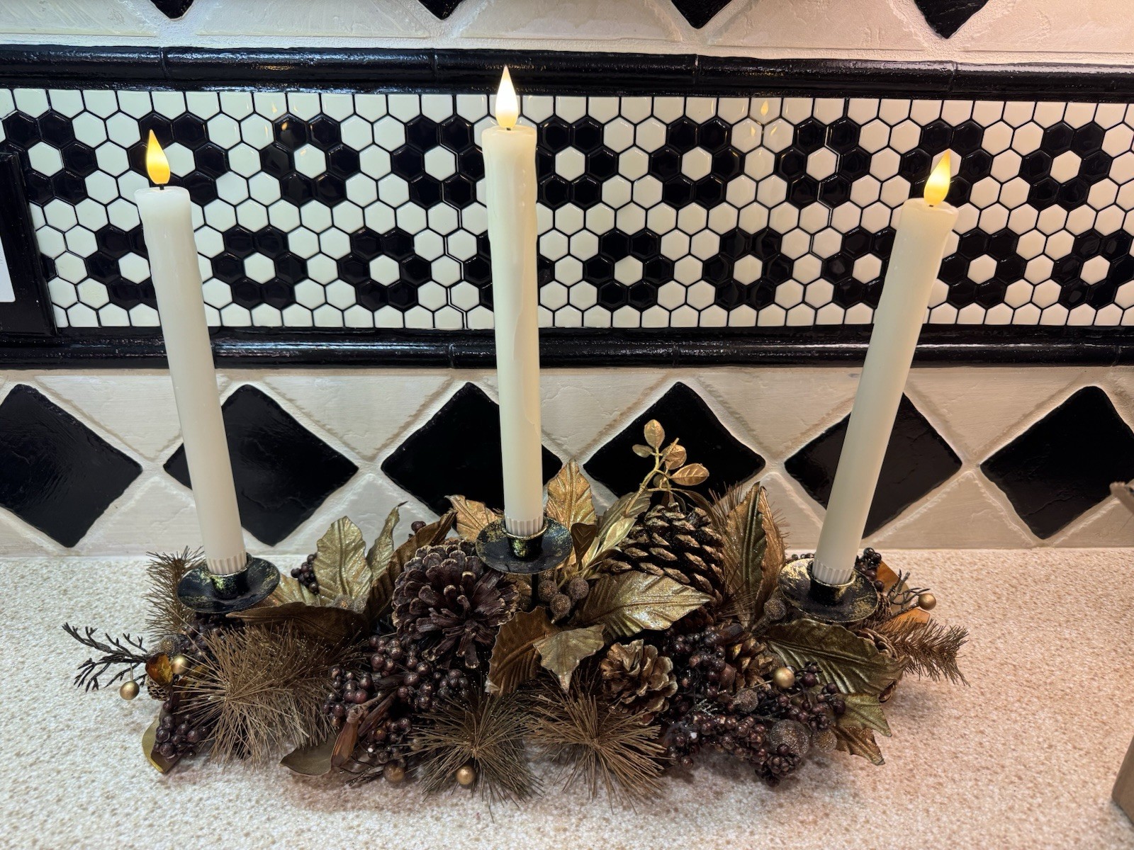 Christmas Candle Holder Table Centerpiece  Sparkly Gold Pinecones & Poinsettias
