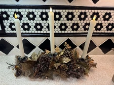 Christmas Candle Holder Table Centerpiece  Sparkly Gold Pinecones & Poinsettias