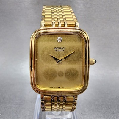 Seiko Tank Watch Men 26mm Gold Dial Gold Tone Rectangle 9020-5249