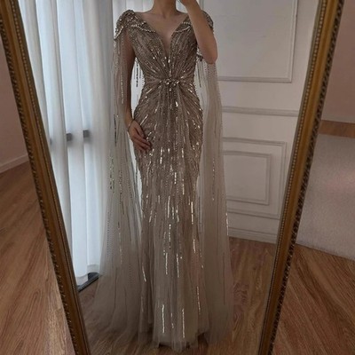 Mermaid Evening Dresses with Beaded Cape Sleeves Design Customize Party Gowns