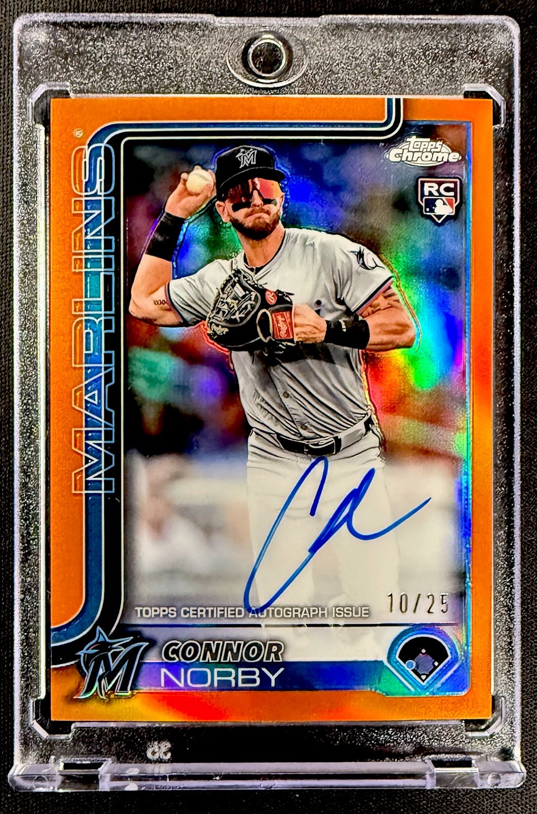 Connor Norby 2025 Topps Chrome Rookie On Card Auto True Orange Refractor 10/25