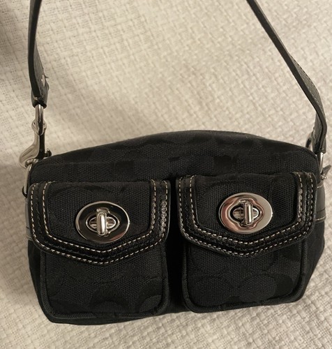 COACH Vintage Y2K Black Logo Jacquard/Leather Mini Gallery Pocket Baguette Purse