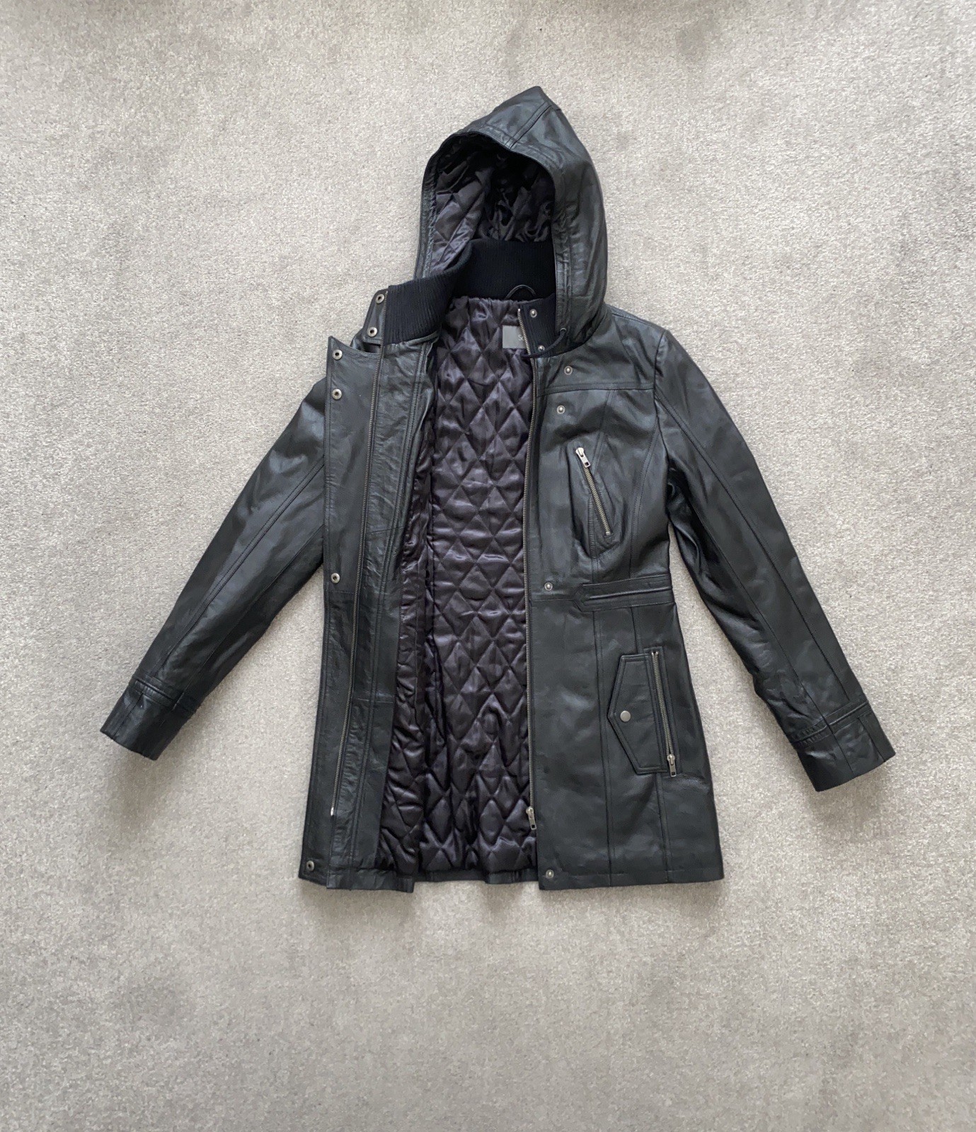 Black Leather Trench Coat UK 10 Hooded Long Jacket Belted Zip Pockets Stylish image 3