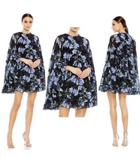 Ieena Mac Duggal Black Multi Floral Ruffle Cape Minidress Size 2 $398