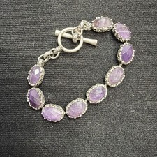 Vintage Silver tone Amethyst LUCKY BRAND signed Linked Toggle Bracelet