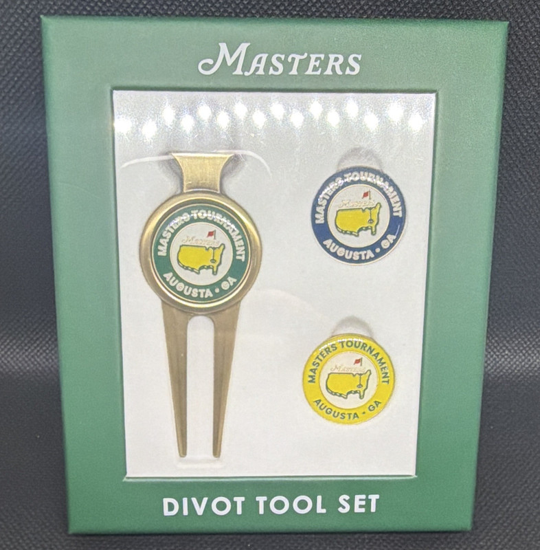 2026 Masters Gold/Green Metal 2-Prong Divot Tool Set w/ Ball Marker, 3pc
