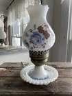 Vintage Milk Glass Hurricane Lamp Blue Floral Cottage Farmhouse Electric Lamp