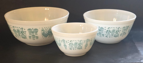 Pyrex Amish Butterprint 3 Pc Cinderella Bowl Set Turquoise on white 401-03 VGC