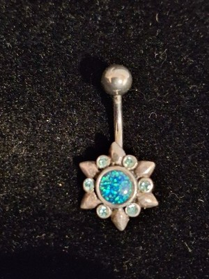 Naval Belly Button Ring Piercing Curved Barbell aquamarine Gems Boho Flower