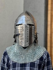 Handmade Medieval Knight Helmet with Chainmail Coif Steel LARP Cosplay Armor
