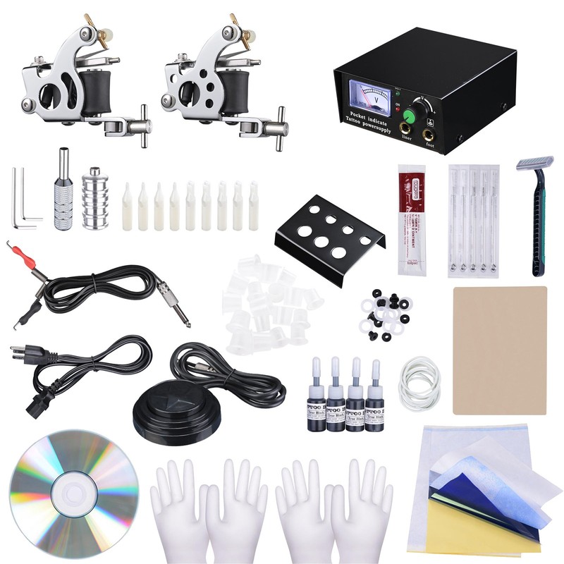 Beginner Tattoo Kit 2 Machine Gun 4 Ink Needles Power Supply Tips Grip Equipment