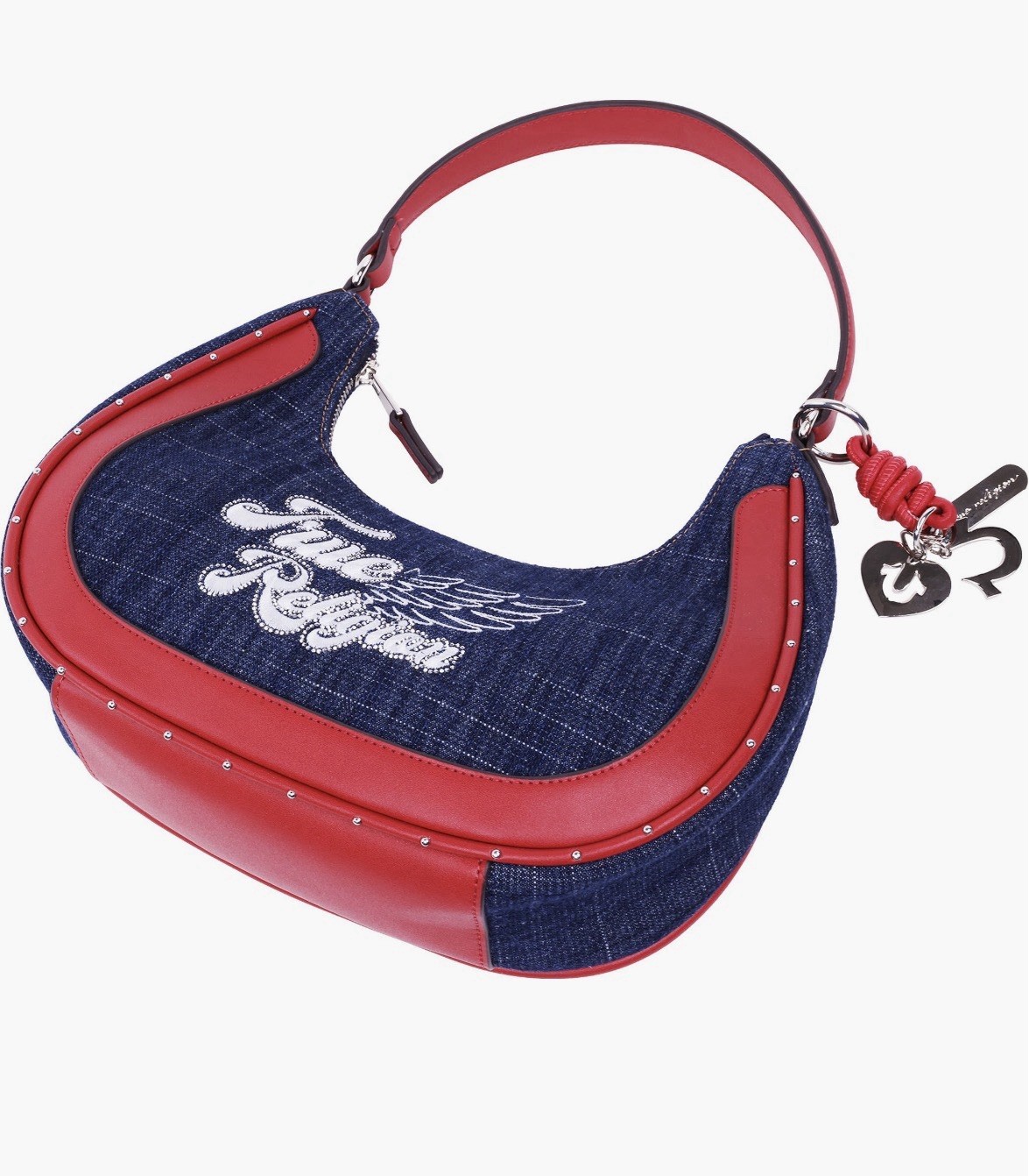 New Authentic Women’s True Religion Heart Charm Wing denim shoulder bag Red Navy thumbnail 4