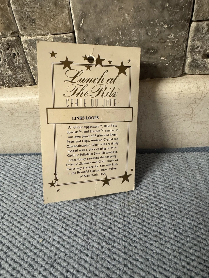 Vintage Lunch At The Ritz Links Loops Earrings Golf Bag Clip On USA Crystal Gift - Image 4 of 4