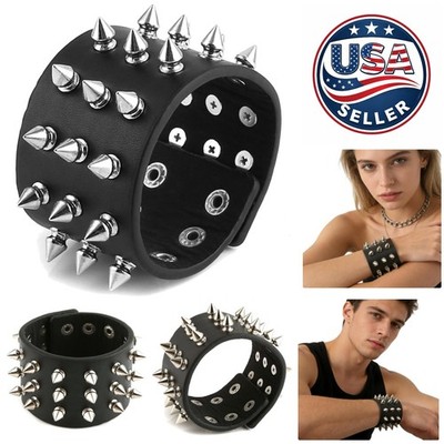 Rugged Black Spike-Studded Wide Strap Bracelet - Unisex Fashion Essential