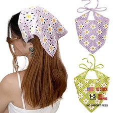 Crochet Bandana Head Kerchief Hair Scarf 2Pcs Knitted Daisy purple green 