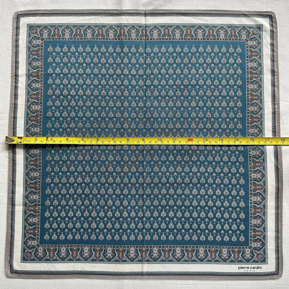 VTG Handkerchief Blue Cotton Geometric & Border Damask Classic Pocket Square 18"
