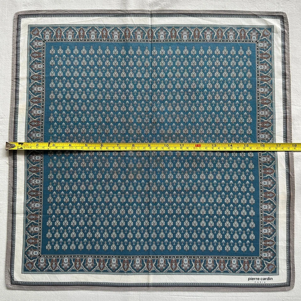 VTG Handkerchief Blue Cotton Geometric & Border Damask Classic Pocket Square 18" - Image 3 of 3
