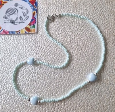Damen Halskette mit Perlen Herzen aus emaillierter Keramik und Murano Perlen 44 cm