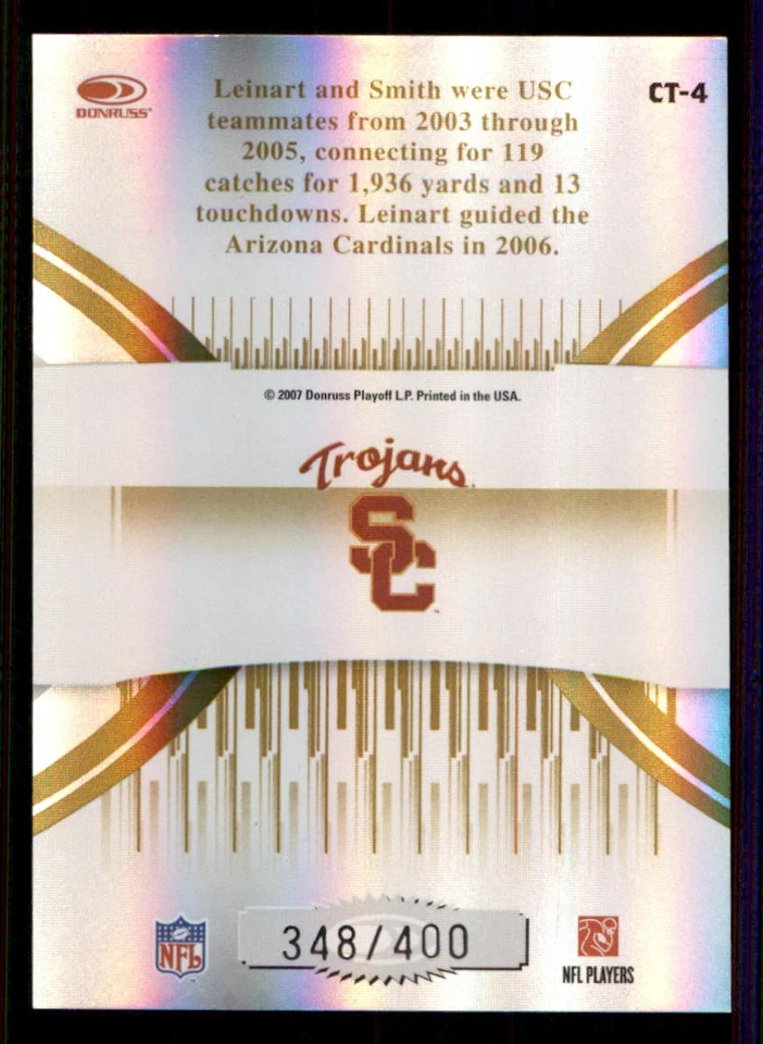 2007 Donruss Elite College Ties Gold #4 Matt Leinart/Steve Smith USC /400 - Image 2 of 2