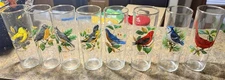 West Virginia Glass Company Song Birds Gold Rim Drinking Glasses VTG, Set Of 8