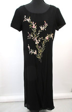 VTG SAINT TROPEZ WEST Maxi Shift Dress Women SZ 10 Black Floral Embroidery Lined