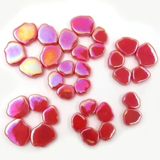 25 Tiles Iridescent Watermelon Red  Petal Flower Shapes Glass Mosaic Tile Pieces