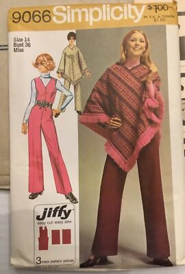 Vtg Simplicity 9066 Size 14 Bust 36 JIFFY Jumpsuit & Poncho  1970 UNCUT EASY