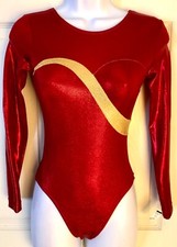 GK LONG SLEEVE LADIES SMALL RED GOLD SPARKLE FOIL DANCE LEOTARD Sz AS NWT 