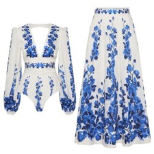 Long Sleeve Swimsuit Belt Women Two Piece Set Bathing Suit with Cover Up Skirt