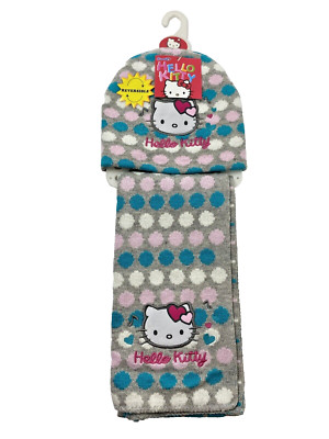 Hello Kitty Mütze + Schal Set Strick Mädchen Grau Katze Gr. 52 Beidseitig Sanrio