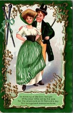 St. Patrick's Day Postcard Man and Woman Old Erin Gold Shamrock Memories