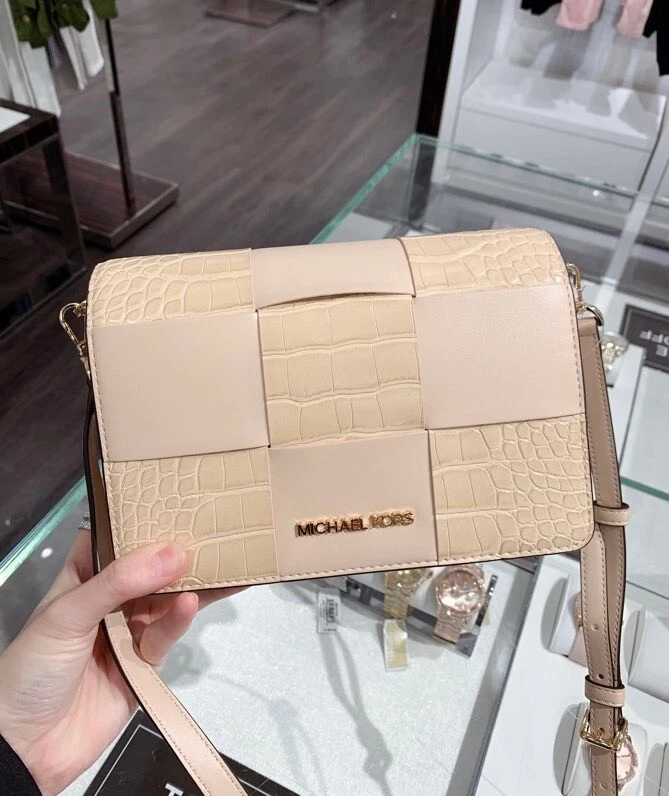 Michael Kors Mercer Small Patent Leather Crocodile Print Crossbody Handbag Buff