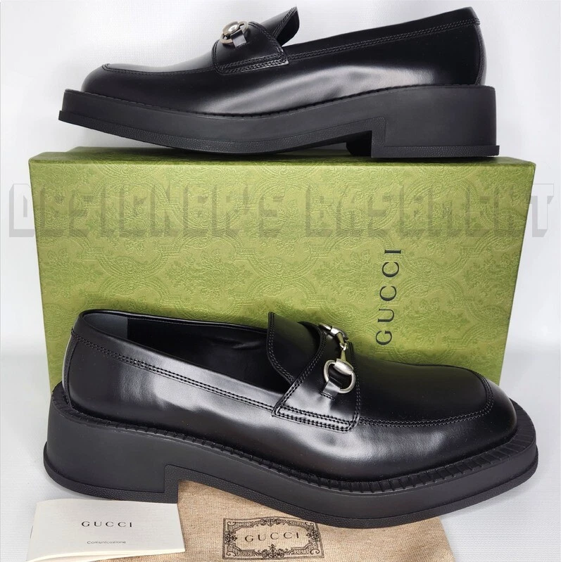 Mocassins Gucci 12 cuir noir GENK Horsebit détail gros semelle compensée chaussures neufs dans leur boîte