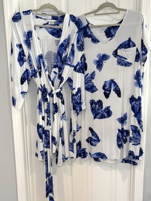 Soma Cool Nights White Butterfly Soft Robe (L/XL) & Nightgown (XXL) Pajama Set