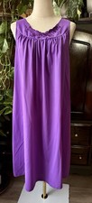 Sz L VINTAGE Shadowline Purple Silky Embroidered Nightgown Dress Sleepwear 80s