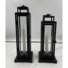 Black Metal Glass Pane Lanterns with LED Cand...
