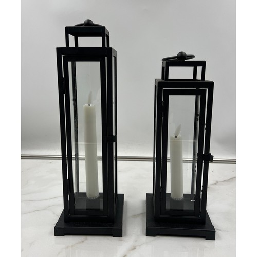 Black Metal Glass Pane Lanterns with LED Candles Set of 2