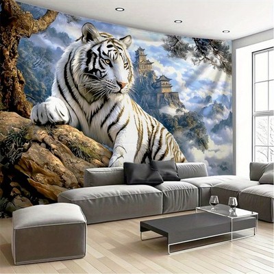 3D extra großer weißer Tiger Berg Szene Wandteppich Wandbehang Hintergrund Kunst