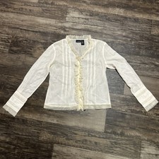 Women s Shirt, Ivory Semi Sheer Long Sleeve Lace Ruffle Detail Sz 6 V-Neck